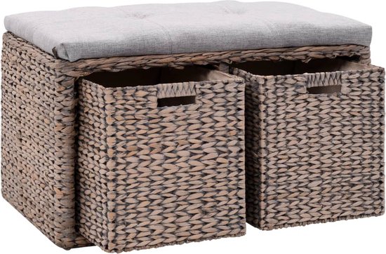 The Living Store Bank Zeegras - Met Manden - 71 x 40 x 42 cm - Grijs Kussen - Geen Montage