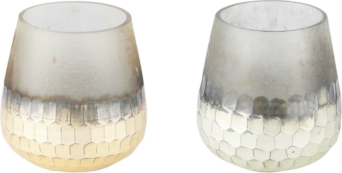 Set van 2 theelichthouder / waxinelichtjeshouder / windlicht - groen/ivoor, glas, 10x10x10cm, set van 2 stuks | A225985