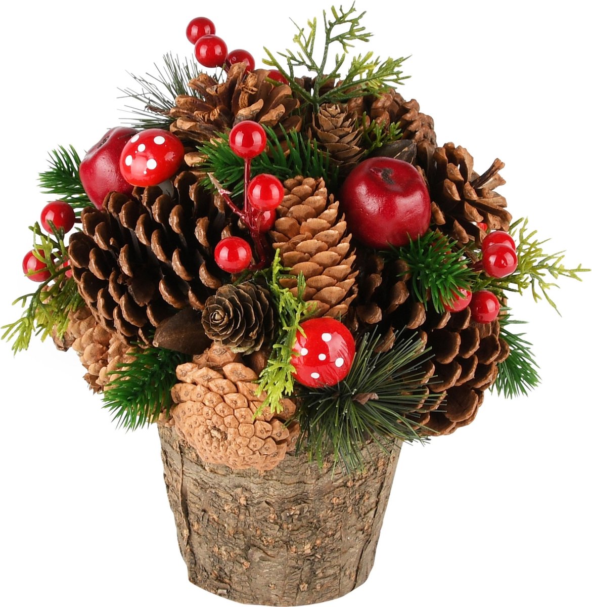 Dekoratief | Bloemstukje m/bessen/paddenstoelen, rood/naturel, 19x19x22cm | A235616