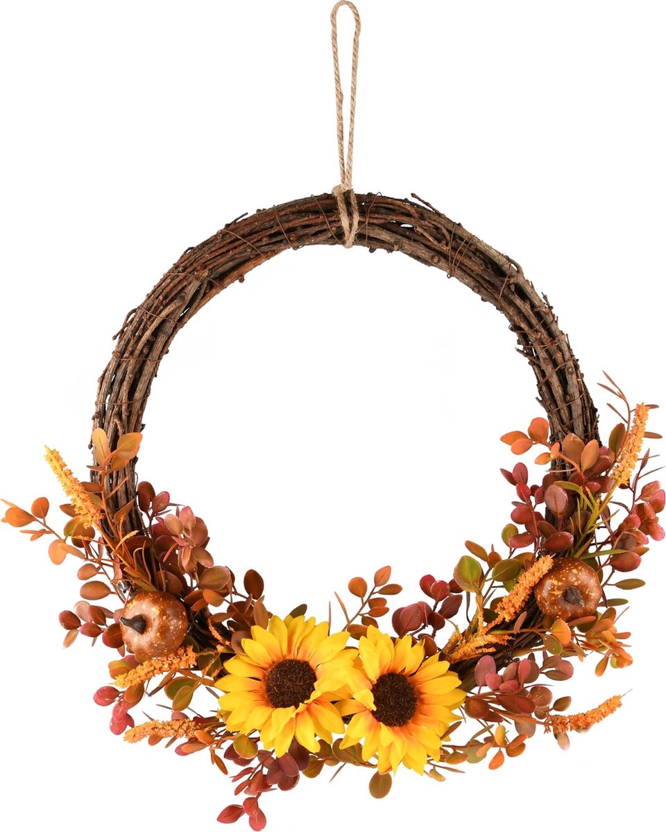dekoratief Krans m/zonnebloemen/pompoenen, geel/oranje, 35x8x38cm | A235635