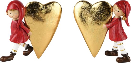 Décoratif | Enfant avec coeur, rouge/or, resina, 11x4x13cm, lot de 2 pièces | A235286