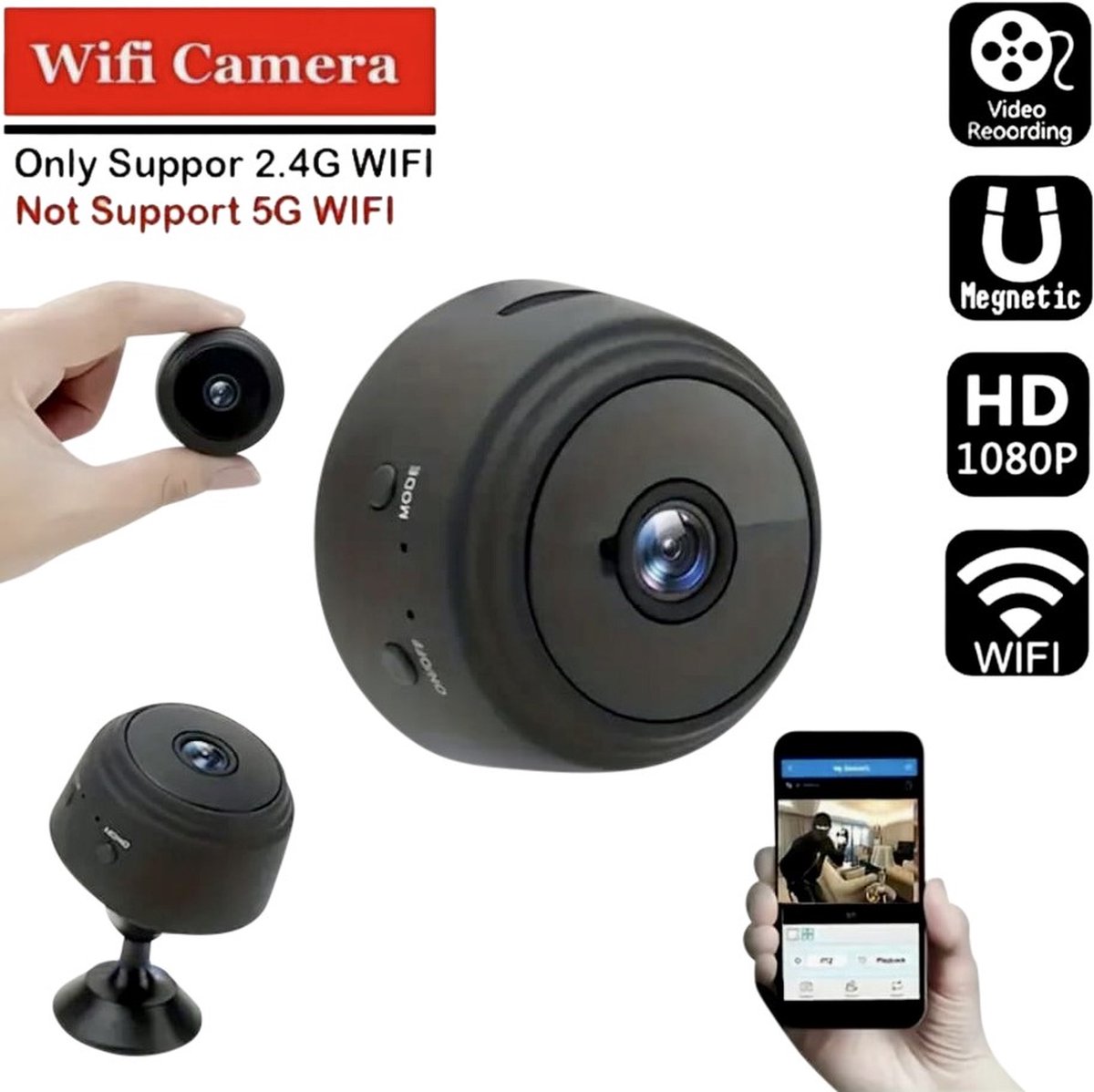 Spycam Mini Camera - Wifi Applicatie - Magnetisch - Modern - Full HD - Zwart
