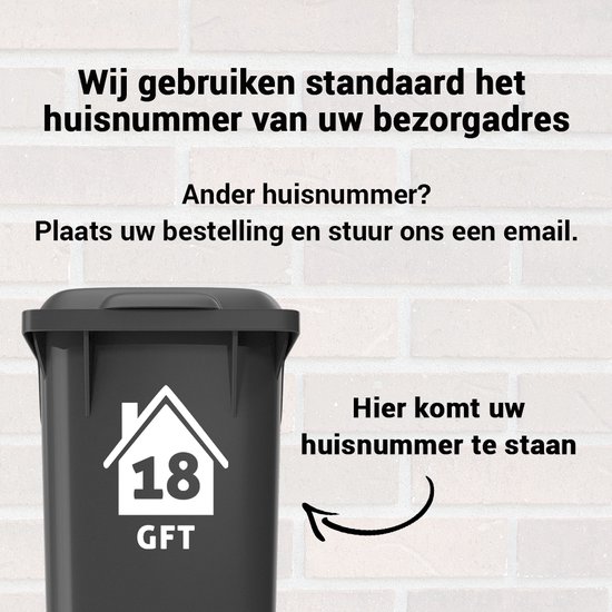 Container Stickers - Voordeelset 4 stuks - 15x20 cm - Sticker voor Afvalcontainer - Klikosticker - Huisje met Huisnummer en Tekst: Plastic, Papier, GFT en Restafval - Kleurmedia.nl®