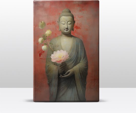 Buddha met bloemen - Laqueprint - 19,5 x 30 cm - Niet van echt te onderscheiden handgelakt schilderijtje op hout - Mooier dan een print op canvas. - LW524