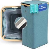 Opvouwbare wasmand met deksel, 100 liter, turquoise, wasmand met waszak, wasmand opvouwbaar, wasmand van hout, wasmand