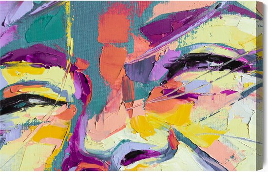 Schilderijkoning - Canvas Schilderij Oil Portrait Painting In Multicolored Tones. Abstract Picture Of A Beautiful Girl. Conceptual Closeup Of An Oil Painting And Palette Knife On Canvas. - 30 x 20 cm