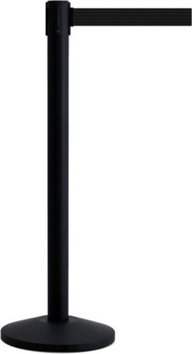 Afzetpaal in matzwart RVS met zwarte nylon riem van 230 cm. Afzetpalen van hoge kwaliteit van het merk Aluanz