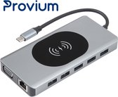 Hub USB-C - 14 en 1 - Répartiteur adaptateur Multi station d'accueil USB-C avec chargement sans fil - VGA - HDMI - AUX - USB 3.0 - Ethernet - Grijs - Provium