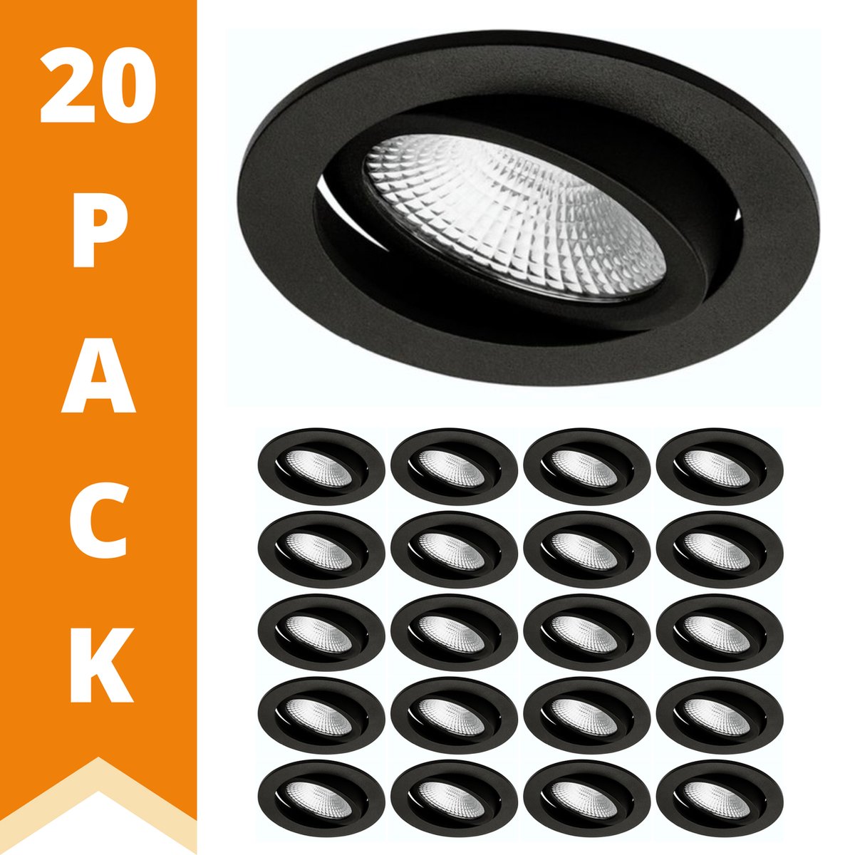 LongLife LED inbouwspots zwart - Dimbaar warm wit licht - Spatwaterdicht - 20 stuks