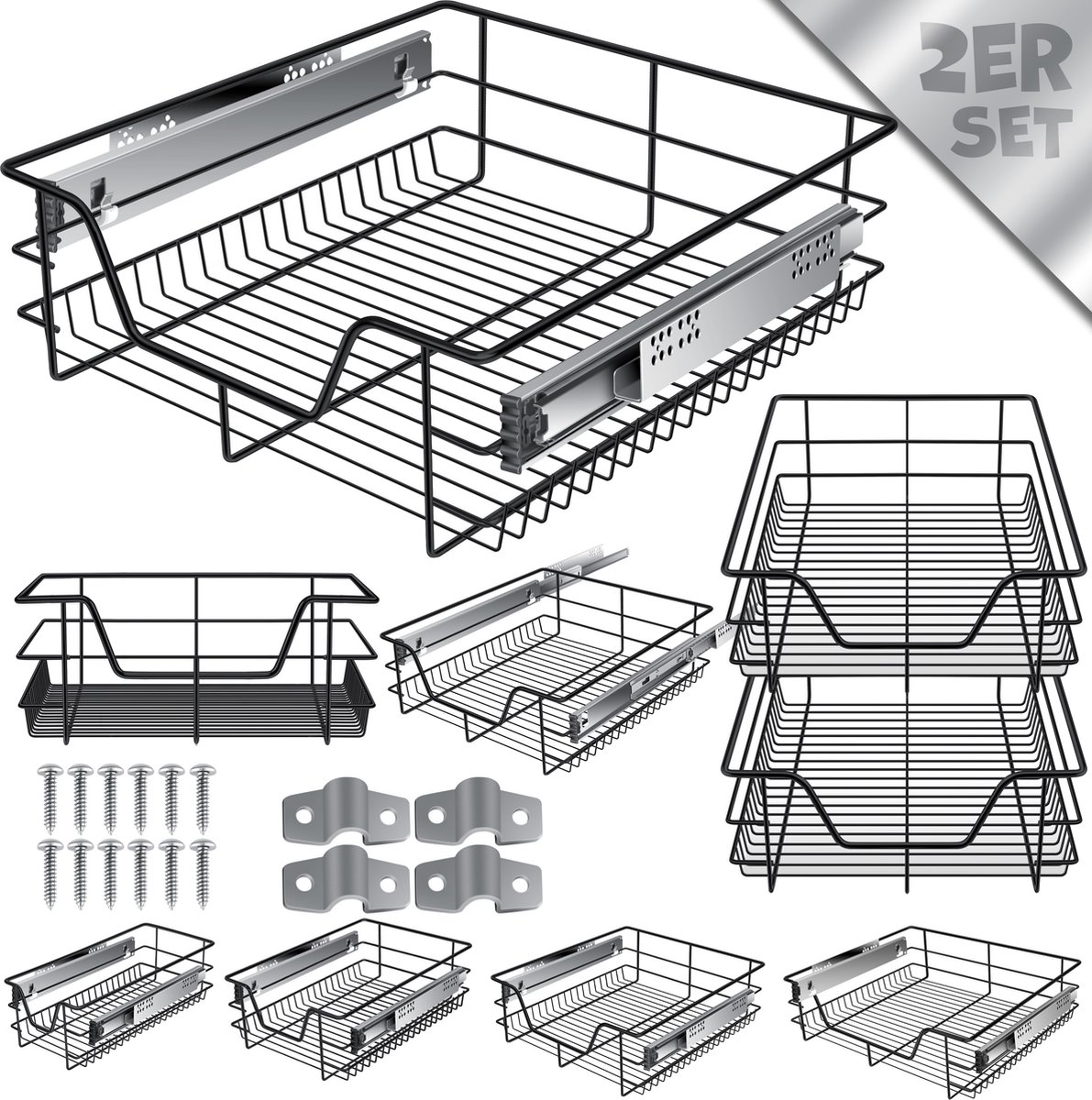 KESSER® Keukenlade / Telescopische lade / Keukenkast / Mand uittrekbaar / Kast uittrekbaar / Volledig uittrekbaar / Lade - 2x 50cm - Zwart