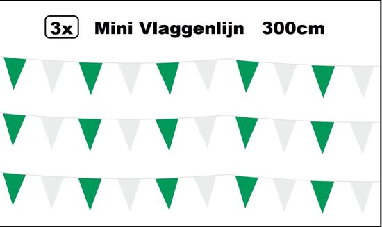 3x Mini vlaggenlijn met groene en witte driehoekige vlaggetjes, 300cm lang.