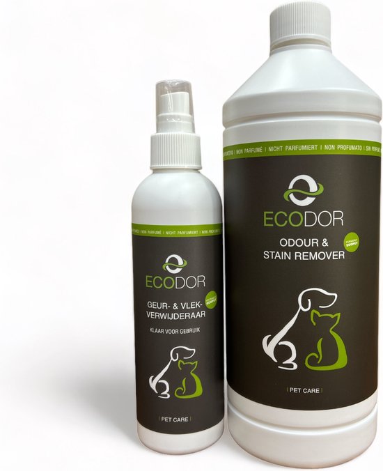 Ecodor Geur- & Vlekverwijderaar - 250 ml + 1 liter navul - Voordeel Pakket - Tegen de geur en vlekken van braaksel/overgeefsel/kots, ontlasting, urine, bloed, zweet en overige organische vlekken - niet geparfumeerd - Ecologisch - Vegan