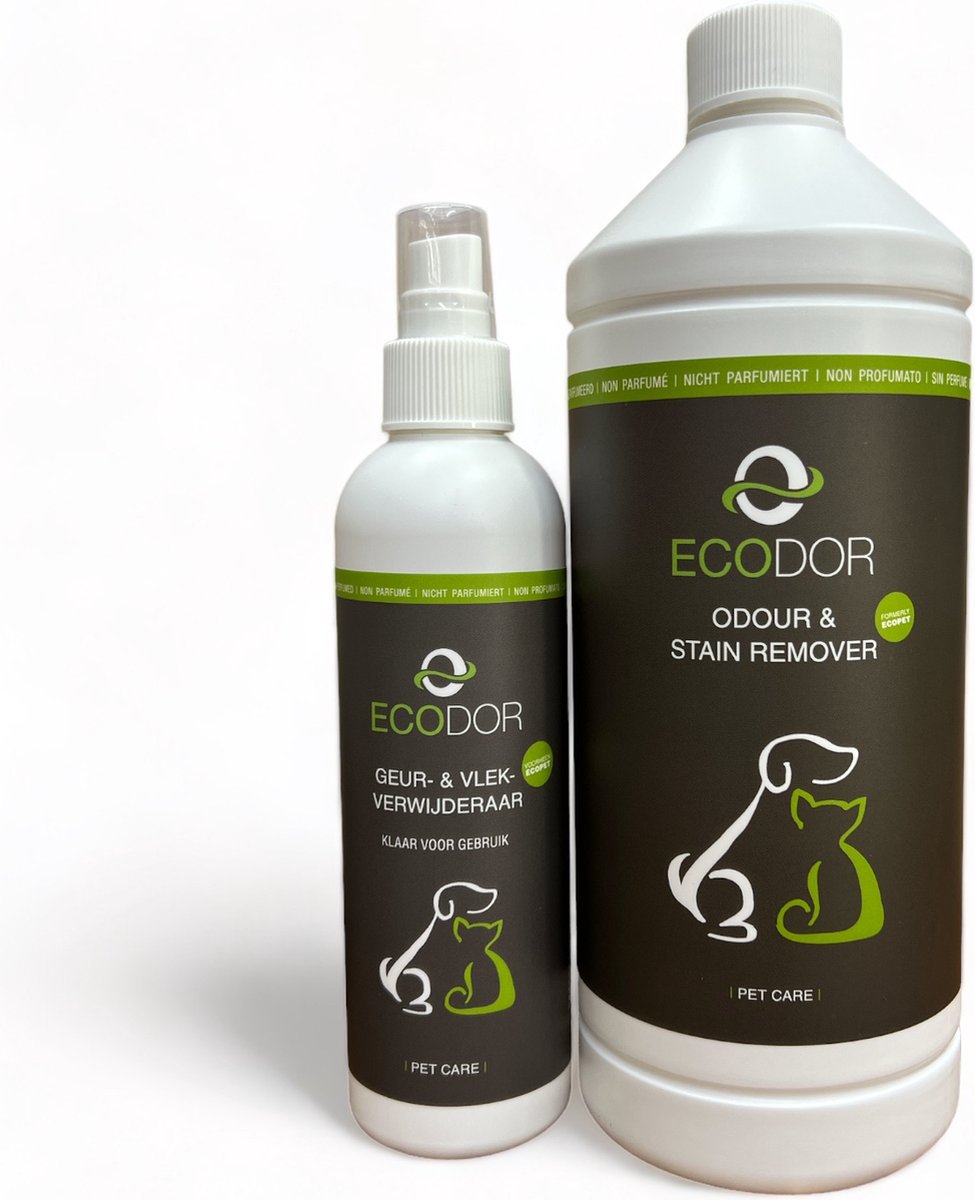 Ecodor Geur- & Vlekverwijderaar - 250 ml + 1 liter navul - Voordeel Pakket - Tegen de geur en vlekken van braaksel/overgeefsel/kots, ontlasting, urine, bloed, zweet en overige organische vlekken - niet geparfumeerd - Ecologisch - Vegan - Ecodor