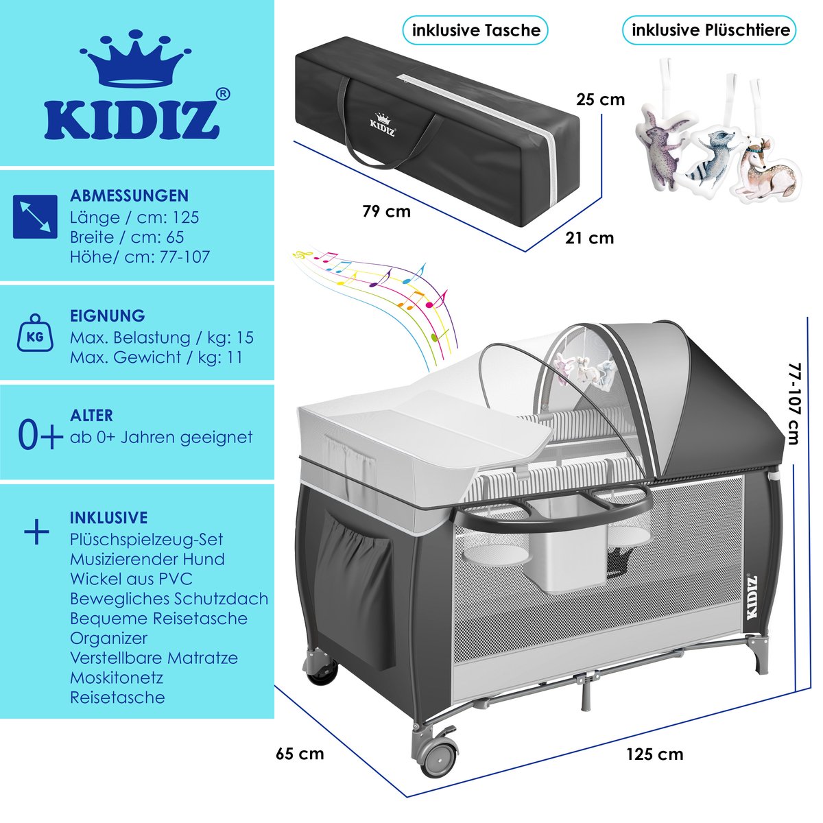 KIDIZ Campingbedje 3-in-1: opvouwbare reiswieg met luiertafel