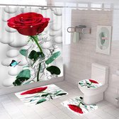 Ensemble de salle de bain de Luxe 4 pièces avec rideau de douche 3D lavable - imperméable et décoratif - roses