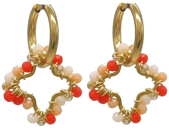 Boucles d'oreilles - Trèfle avec Perles de Verre - Acier Inoxydable - 2,6 cm - Or et Oranje