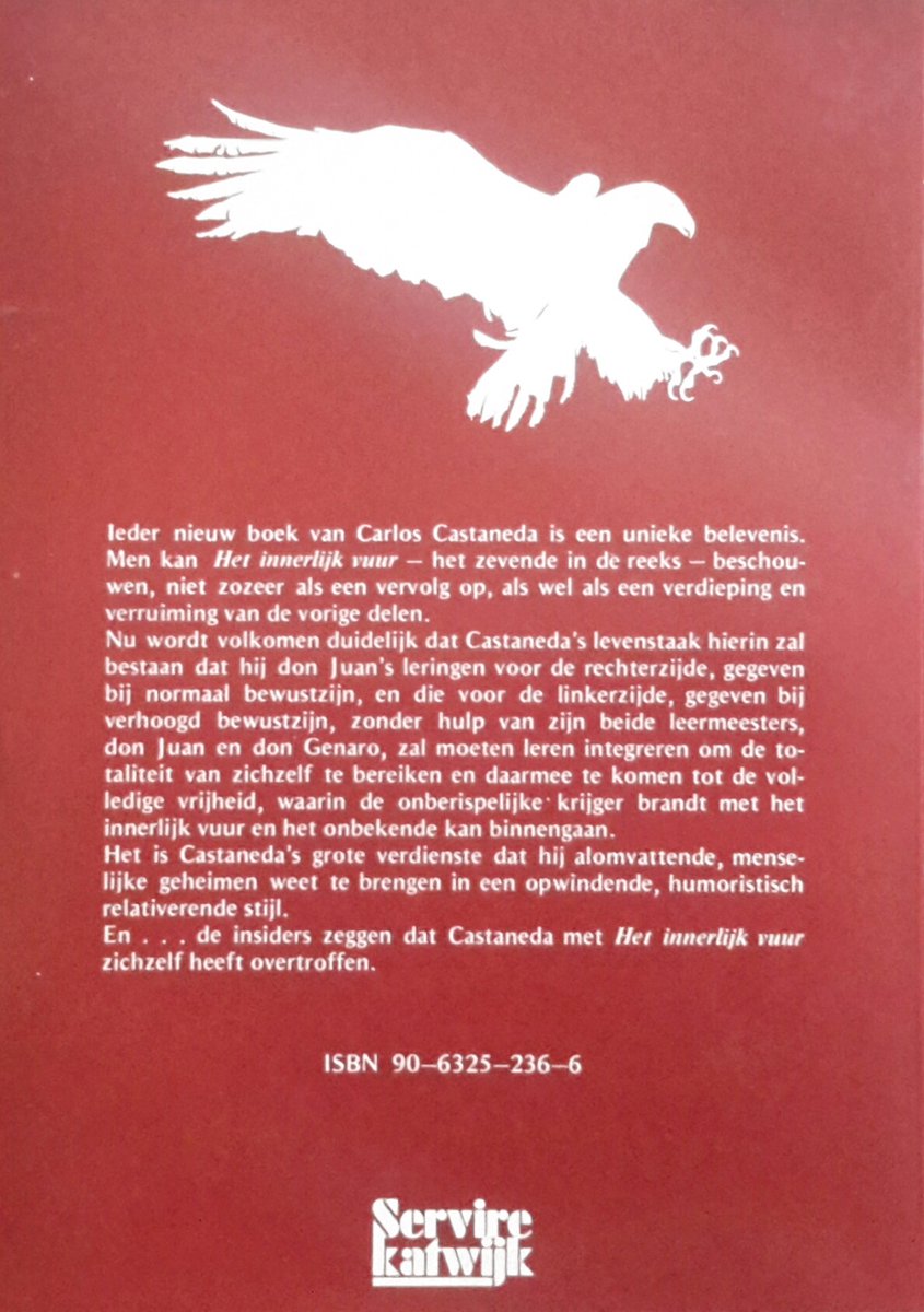 Achterkant boek: "Het Innerlijk Vuur" van Carlos Castaneda. Een adelaar in silhouet. ISBN 90-6325-236-6.