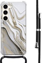 Coque Samsung Galaxy S23 avec cordon - Marbre blanc or - Coque Siliconen - Antichoc - Cordon Zwart - Bandoulière - Back Cover - Transparent, Or, Wit