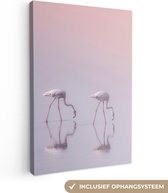 Canvas schilderij - Flamingo - Vogel - Water - Roze - Pastel - Foto op canvas - 60x90 cm - Canvasdoek