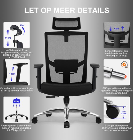 Bureaustoel EWE-ErgoMaster Professional de Luxe - Antraciet zwart, Optimaal