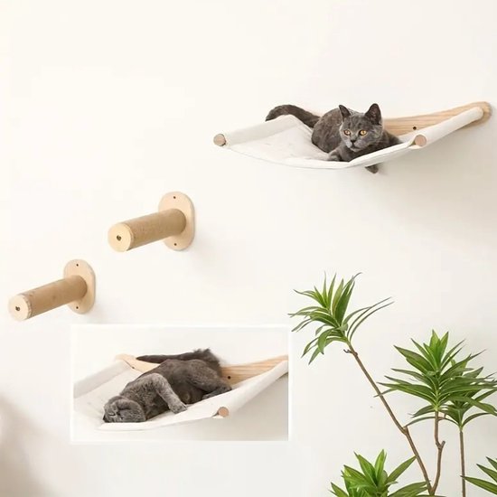Katten Klimmuur 3-Delig incl. Kattenhangmat - Plankjes Krabpaal Wandmeubel - Wit en Hout