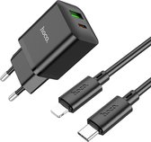 Hoco Oplader Geschikt voor Apple iPhone 13 - Lightning Kabel naar Type C (1 Meter) & Dual Stekker (N28) - Snel Lader USB C to Lightning 20W & QC3.0 - Zwart