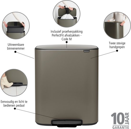 Brabantia Bo poubelle à pédale 60 litres avec seau intérieur synthétique - Platinum