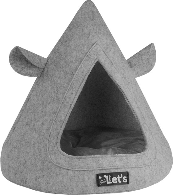 Let's sleep Pet Cave TeePee 50 x 45 cm - Kattenmand - Kattenbed inclusief kussen - Cat cave - Extra sterk vilt - Grijs