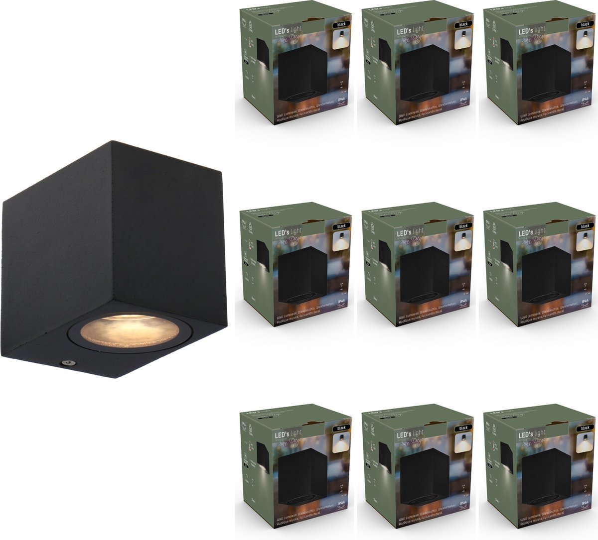 WallDeco LED Wandlamp vierkant zwart - Schijnt naar beneden - Voor binnen & buiten - 10 stuks