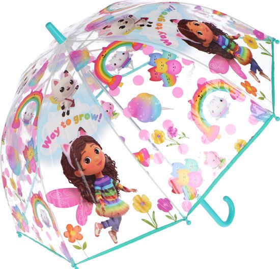 Transparante kinderparaplu met Gabby, regenboog en bloemen. 'Way to grow!' staat op de paraplu. Katten, wolken en bloemen staan op de paraplu.