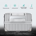 Zilverkleurige polycarbonaten koffer, antibacterieel, water- en hittebestendig.