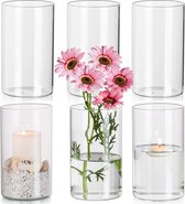 Cilindervaas van glas, 6 stuks bloemenvazen, 15 cm moderne vazenset, glazen vaas, decoratieve vazen, tulpenvazen, lantaarn glazen kaarsenhouder voor stompkaarsen, drijvende kaarsen voor bruiloft