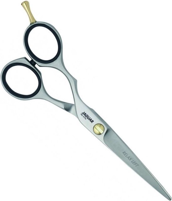 Zilverkleurige schaar met ergonomische handgrepen en gouden details. "JAGUAR PRE STYLE RELAX LEFT" is op het blad te lezen.