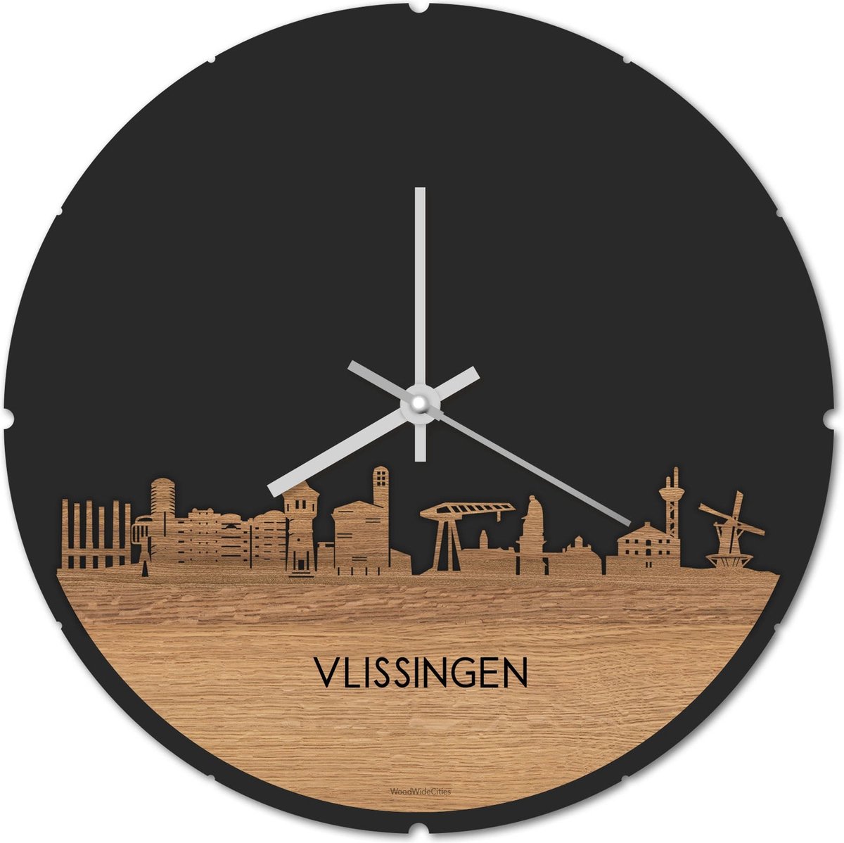 Skyline Klok Rond Vlissingen Eikenhout - Ø 44 cm - Stil uurwerk - Wanddecoratie - Meer steden beschikbaar - Woonkamer idee - Woondecoratie - City Art - Steden kunst - Cadeau voor hem - Cadeau voor haar - Jubileum - Trouwerij - Housewarming -