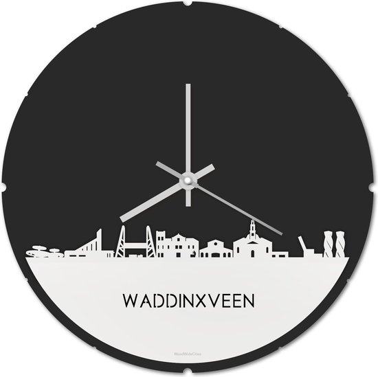 Skyline Klok Rond Waddinxveen Wit Glanzend - Ø 44 cm - Stil uurwerk - Wanddecoratie - Meer steden beschikbaar - Woonkamer idee - Woondecoratie - City Art - Steden kunst - Cadeau voor hem - Cadeau voor haar - Jubileum - Trouwerij - Housewarming -