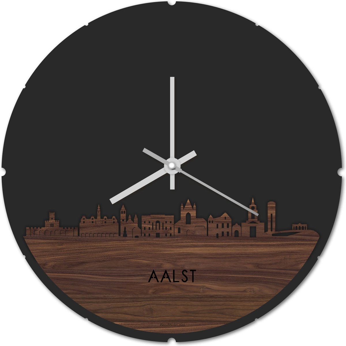 Skyline Klok Rond Aalst Notenhout - Ø 44 cm - Stil uurwerk - Wanddecoratie - Meer steden beschikbaar - Woonkamer idee - Woondecoratie - City Art - Steden kunst - Cadeau voor hem - Cadeau voor haar - Jubileum - Trouwerij - Housewarming -