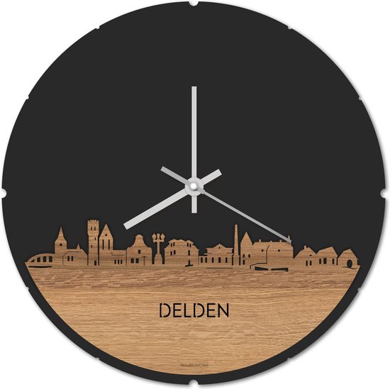 Skyline Klok Rond Delden Eikenhout - Ø 44 cm - Stil uurwerk - Wanddecoratie - Meer steden beschikbaar - Woonkamer idee - Woondecoratie - City Art - Steden kunst - Cadeau voor hem - Cadeau voor haar - Jubileum - Trouwerij - Housewarming -