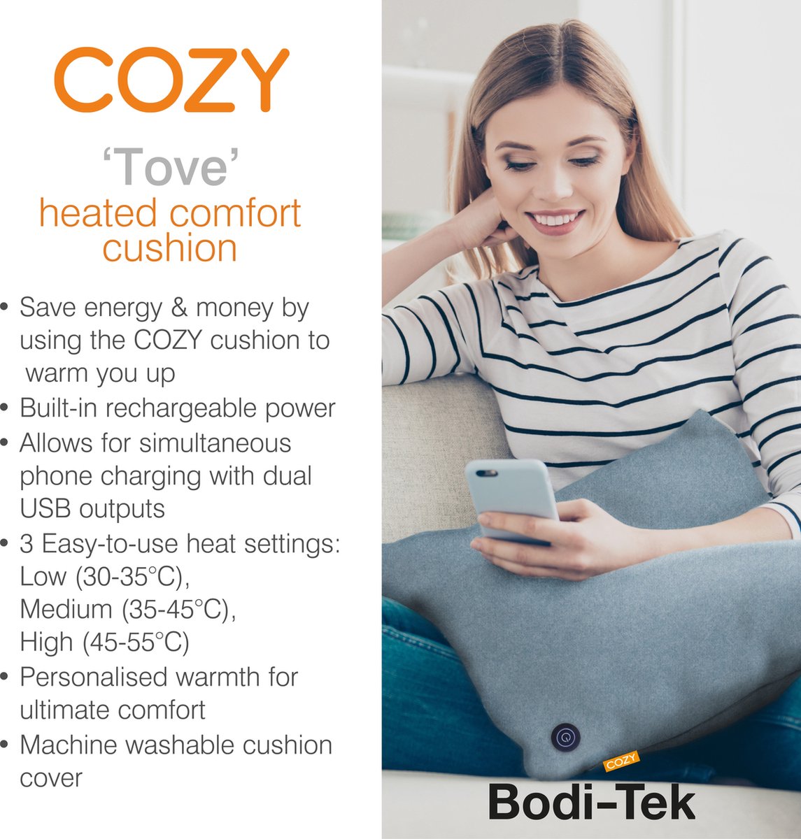 Bodi-Tek Cozy Una Heated Comfort 45 x 45cm Cushion - 10000mAh