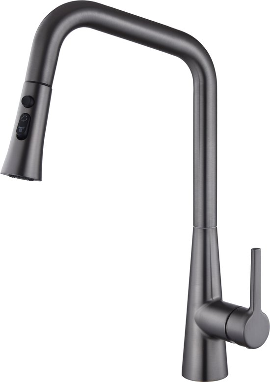 Robinet de cuisine gris métal avec bec incurvé et douchette extractible.