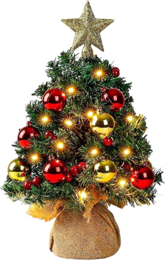 Zilverspar Mini Kerstboom - Kleine Kunstkerstboom 40cm Met Verlichting en Versiering- LED Lampjes dimbaar met 8 lichtstanden - Kerstversiering - Kerstboomverlichting - Standaard - Christmas Tree