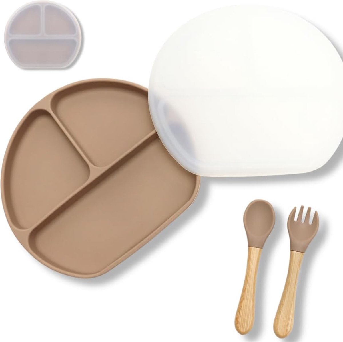 Goedkoopste Babyserviesset, siliconen kinderservies, antislip babybord, zuignapdeksel, BPA-vrij, babybord deksel, siliconen placemat, kinderbord met zuignap (veldgrijs