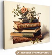 Canvas Schilderij Vintage - Boeken - Bloemen - Wit - 80x60 cm - Wanddecoratie