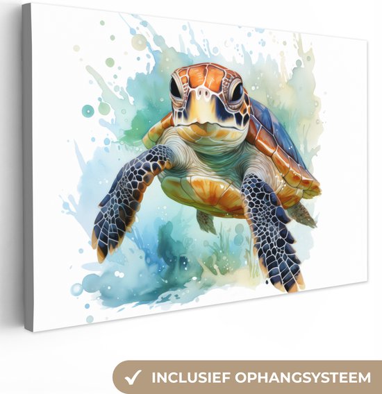 Peinture sur toile Tortue - Blauw - Wit - Nature - Animaux - 30x20 cm - Décoration murale
