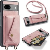 Casemania Hoesje Geschikt voor Google Pixel 8 Pale Pink - Luxe Back Cover met Koord - Wallet Case - Pasjeshouder