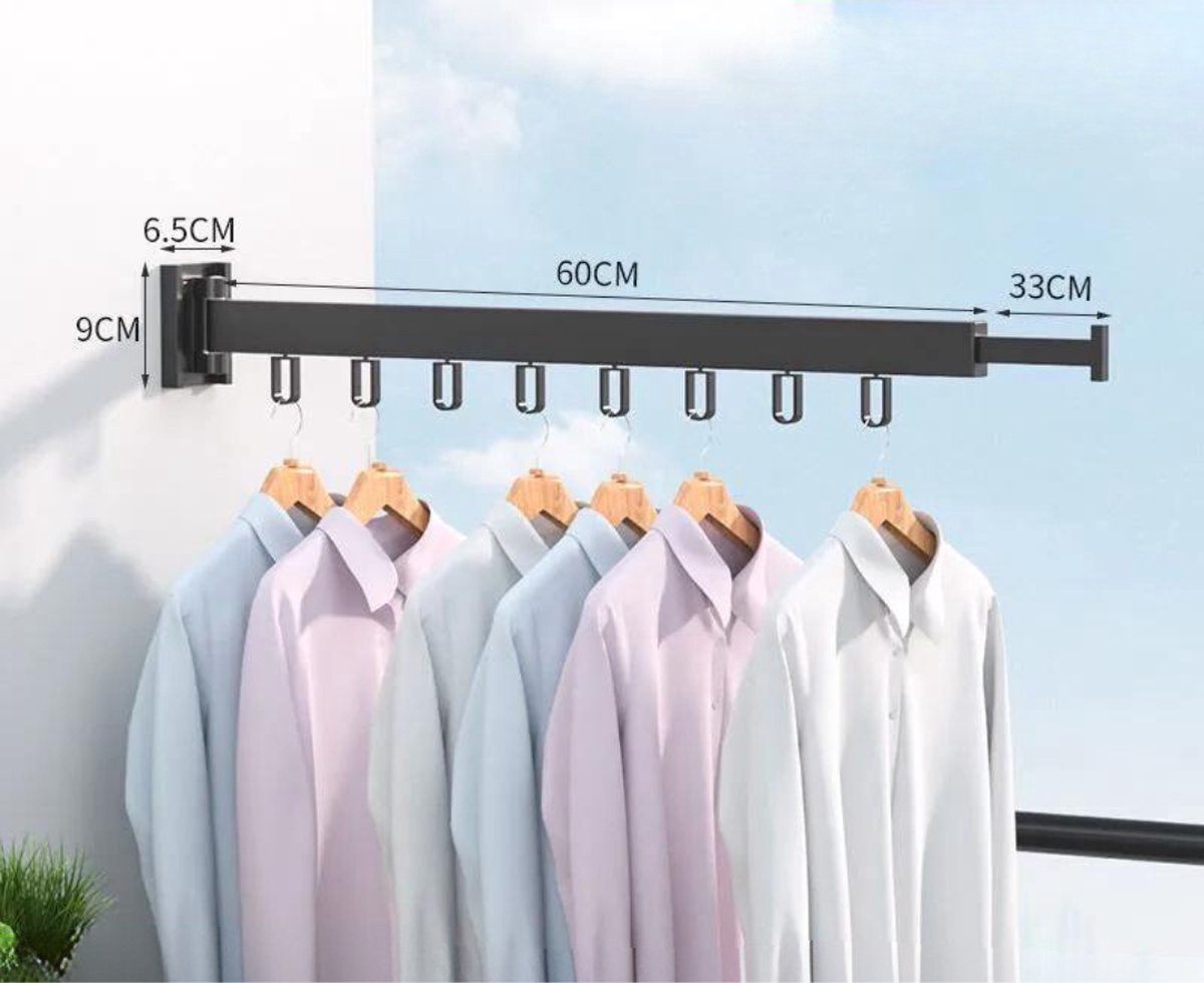 Wanddroogrek Inklapbaar 8 Haken - Droogrek Muur Wandmontage Ophangbaar - Clothes Rack Uitschuifbaar + Montage Kit - Zwart