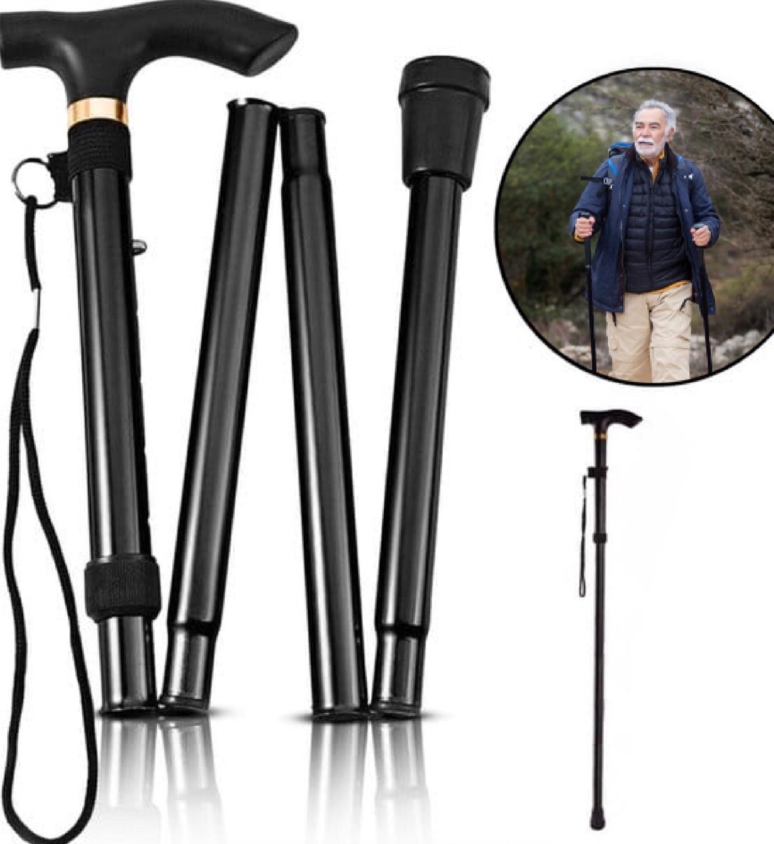 Wandelstok - Wandelstok Verstelbaar & Opvouwbaar - Loopstok Ouderen - Opvouwbare Wandelstok - Hoogwaardige Kwaliteit Wandelstok - Linkshandig en Rechtshandig - Zwart