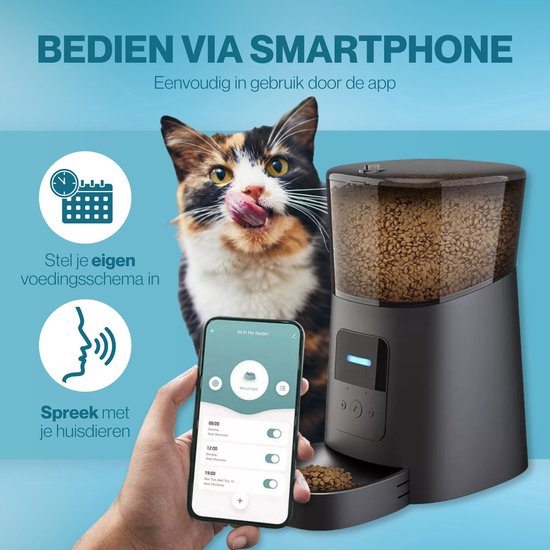 Automatische Voerbak Kat en Hond - Voerautomaat met smartphone besturing - Voerdispenser - Voerinhoud 6 Liter - Merkloos