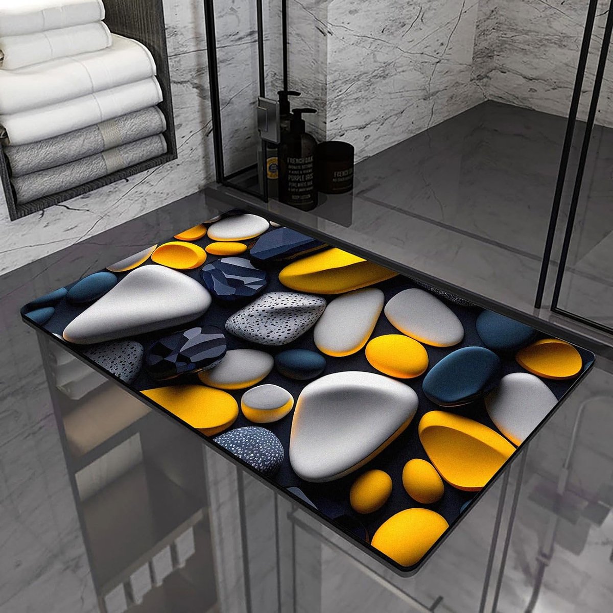 Badmat steen (3D-patroon) badmat antislip badkamertapijt absorberende badmat 50 x 80 cm, sneldrogende badmat, garneer de stemming (geel)