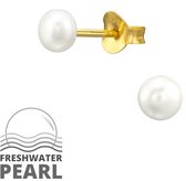 Joy|S - Zilveren parel oorbellen - 4 mm - fresh water pearl - 14k goudplating