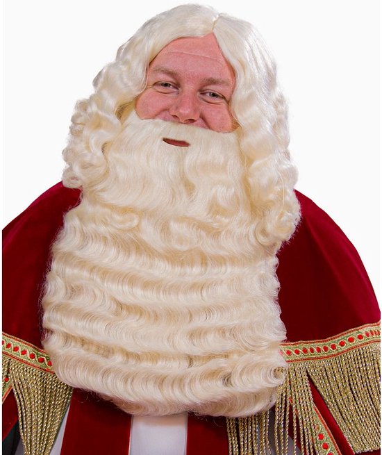 Pruik en Baardstel Sinterklaas "Populair" Écru (Vaste Snor)